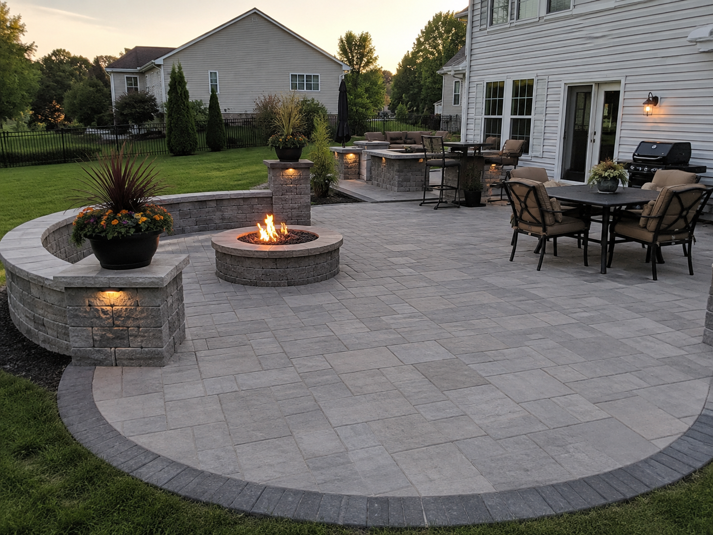 Luxury patio with fire pit and seating wall