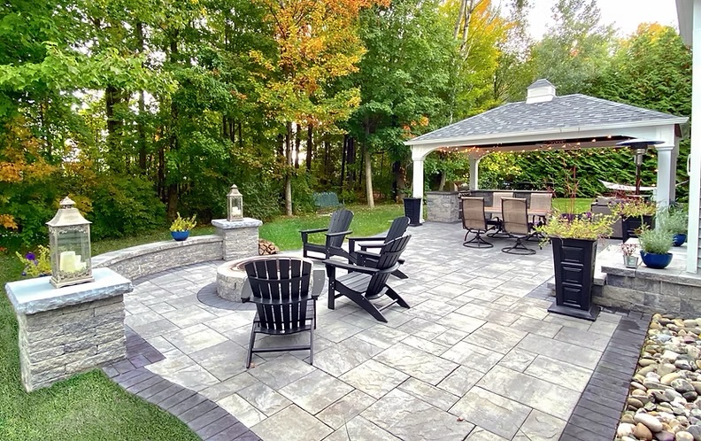Large paver patio and outdoor seating